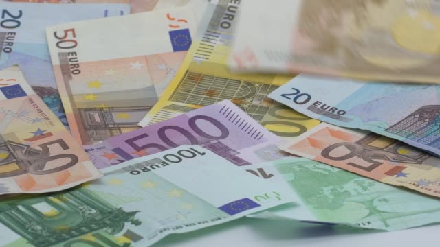 Slow-motion-of-euros-are-falling.-Banknotes-of-different-values.-Euro-cash