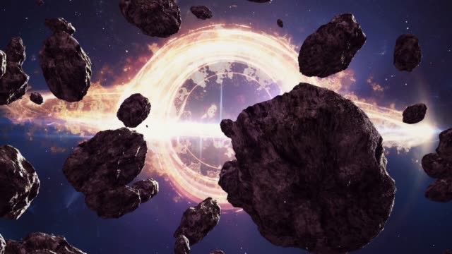 Licht-um-ein-schwarzes-Loch-im-Weltraum-und-Asteroiden.