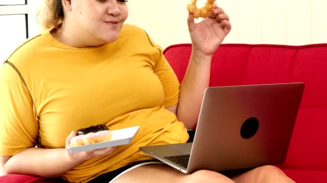 Mujer-con-sobrepeso-comiendo-rosquilla-y-usando-computadora-portátil-en-el-sofá-en-casa