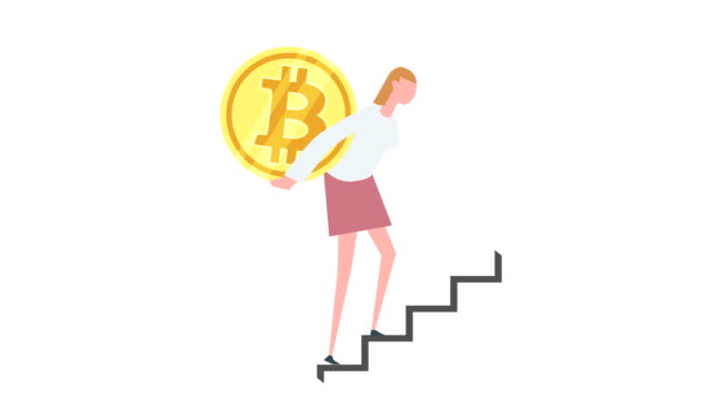 Flat-cartoon-colorful-woman-character-animation.-Girl-walk-up-on-the-ladder-with-bitcoin-coin-on-his-back-situation