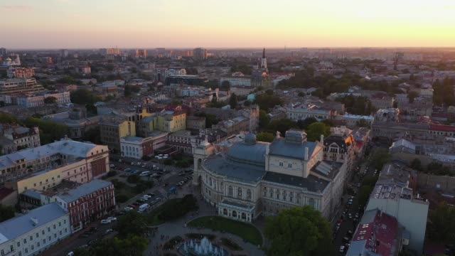Aerial-view-on-Odessa-opera-and-ballet-theater-during-winter-time-at-sunset
