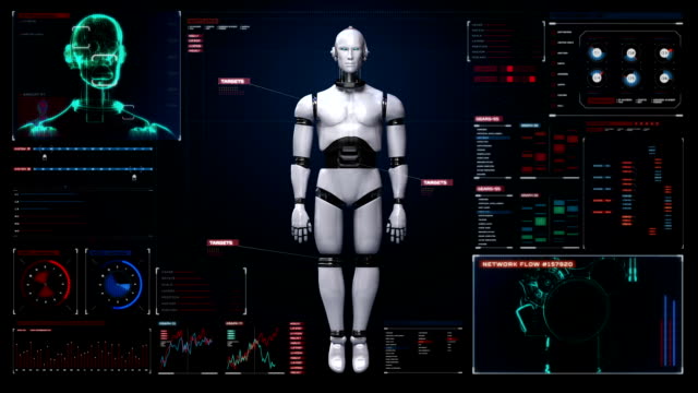 Scannen-rotierende-weißer-Haut-3D-Roboter-Körper-in-die-digitale-Schnittstelle.