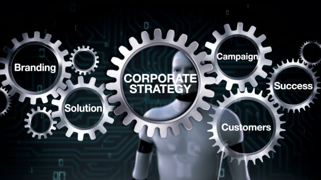 Gear-with-Branding,-Solution,-Campaign,-Success,-Robot-touching-'CORPORATE-STRATEGY'