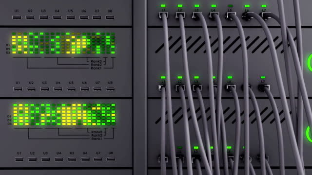 Working-data-servers.-Green-LED-lights-are-flashing.-Frontal-camera-moves-to-the-right.-Modern-server.