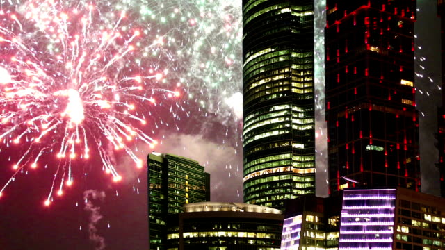 Skyscrapers-of-the-International-Business-Center-(City)-and-fireworks,-Moscow,-Russia
