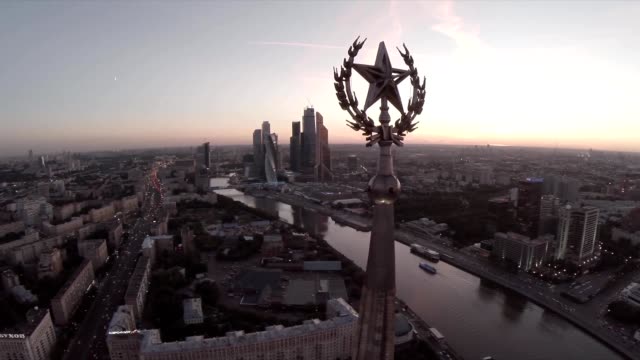 Russian-skyscrapers-flight-over-aerial-view.-Stalin-high-rise-building.-Ukraine-hotel.-Radisson-hotel.-Moscow-city-business-center.-Skyscrapers-of-the-Moscow-International-Business-Center-(Moscow-City)-and-the-Moskva-River-at-the-sunset-or-sunrise.