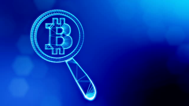 Sign-of-bitcoin-under-a-magnifying-glass.-Financial-background-made-of-glow-particles-as-vitrtual-hologram.-Shiny-3D-loop-animation-with-depth-of-field,-bokeh-and-copy-space.-Blue-background-1.