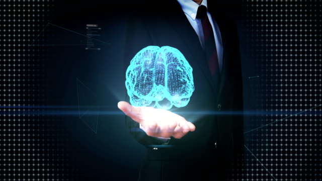 Geschäftsmann-öffnen-Palm,-digitale-Gehirn,-Punkte-verbunden-Gehirnform,-digitale-Leitungen-im-digitalen-Display-Schnittstelle,-wachsen-zukünftige-künstliche-Intelligenz.