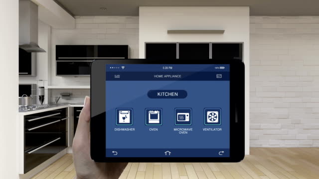 Kitchen-room-Home-Appliances-control-in-smart-pad,-tablet-energy-saving-efficiency,-oven,-dishwasher,-microwave,-ventilator,-Smart-home-control,-internet-of-things.