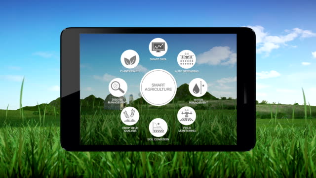 Intelligente-Landwirtschaft-Smart-Farming,-grafische-Symbol-"Informationen"-in-smart-Pad,-Tablet,-Internet-der-Dinge.-4.-industrielle-revolution.2.