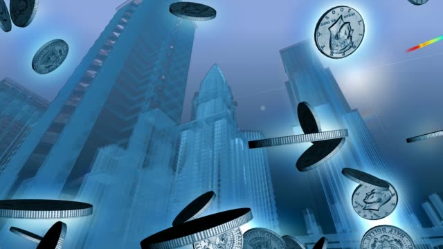 Blue-3D-city-wireframe-background-with-money-falling-infront