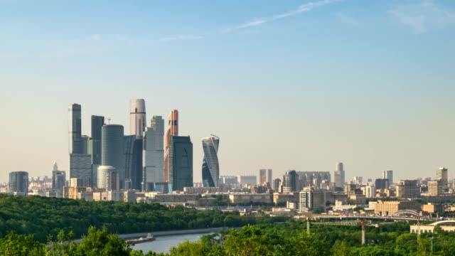 Moscow-city-skyline-timelapse-at-Business-Center-District-view-from-Sparrow-Hill,-Moscow-Russia-4K-Time-Lapse