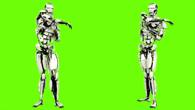 Android-Roboter-ist-Arm-ausdehnen.-Realistische-geschlungene-Bewegung-auf-green-Screen-Hintergrund.-4K