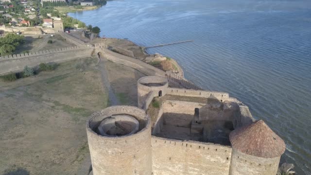 Flying-on-drone-over-ancient-fortress-Akkerman-which-is-on-the-bank-of-the-Dniester-estuary-in-Bilhorod-Dnistrovskyi-city