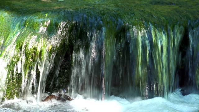 Streamen-Sie-Wasser-vom-Wasserfall-auf-Steinen-im-Fluss-fließt.-Berg-Wasserfall-im-Dschungel