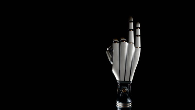 Cyborg-robotic-palm-counts-by-fingers.-Metal-shines,-black-background,-60-fps-animation.