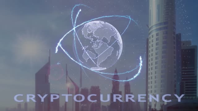 Kryptowährung-Text-mit-3d-Hologramm-des-Planeten-Erde-vor-dem-Hintergrund-der-modernen-Metropole