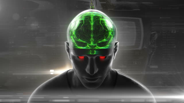 Human-or-cybernetic-brain-connected-to-network,-superhuman,-learning-information