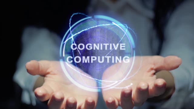 Hände-zeigen-rundes-Hologramm-kognitives-Computing