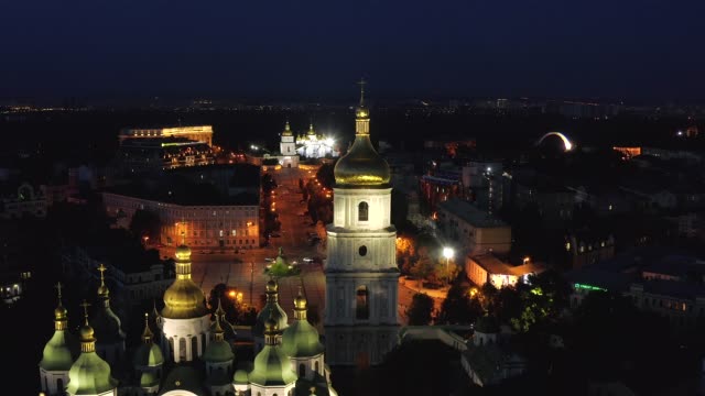 Aerial-view-of-St.-Michael's-Cathedral-and-St.-Sophia-Cathedral-at-night