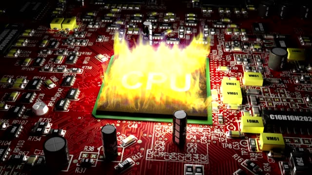 CPU-ohne-Kühlkörper-brennt-auf-der-Hauptplatine,-cg-loopable-Animation,-4K