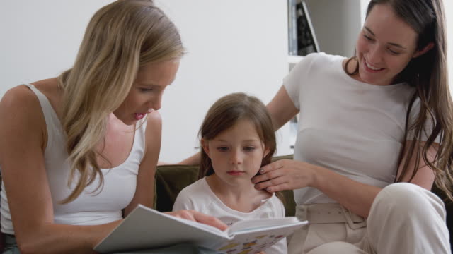 Same-Sex-Female-Couple-Reading-Book-With-Daughter-At-Home-Together