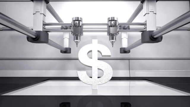 3D-Drucker-machen-Dollar-Geld-grau-Währung-zu-unterzeichnen,-3D-Scanner