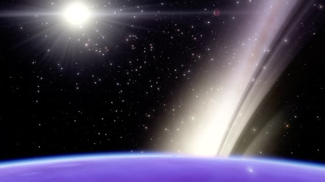 Timelapse-Umlaufbahn-Blick-auf-einem-felsigen-Exoplaneten-mit-Ringen-und-einer-Galaxie-im-Hintergrund
