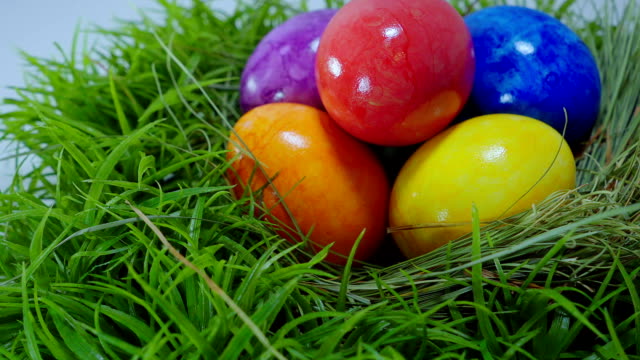 Coloridos-huevos-de-Pascua-en-un-nido
