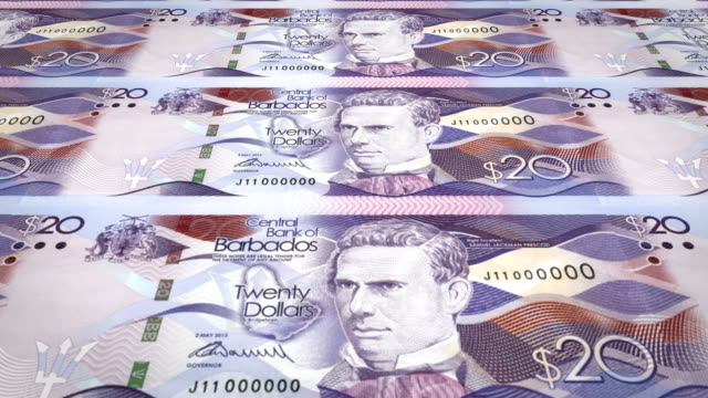 Banknotes-of-twenty-dollars-of-the-bank-of-Barbados-Island-rolling-on-screen,-coins-of-the-world,-cash-money,-loop