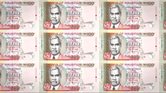 Banknoten-von-100-Rupien-der-Inseln-Mauritius,-Bargeld,-Schleife