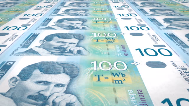 Billetes-de-cien-dinares-serbios-de-Serbia,-dinero-en-efectivo,-lazo