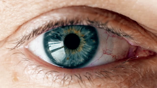 Blauer-Mann-menschlich-Auge-Blick-in-die-Kamera,-Nahaufnahme.