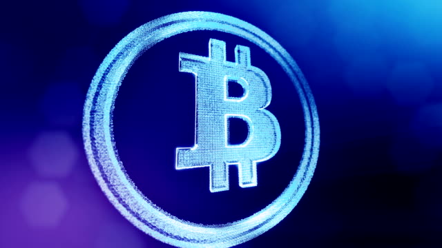 Bitcoin-Logo-auf-einer-Münze-von-Partikeln.-Finanzieller-Hintergrund-aus-Glühen-Teilchen-als-Vitrtual-Hologramm.-Glänzende-Schleife-3D-Animation-mit-Tiefe-Feld,-Bokeh-und-Kopie.-Blauer-Hintergrund-1
