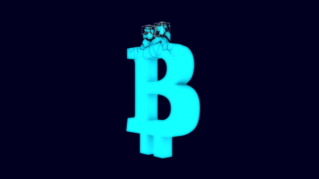 Bitcoin-cryptocurrency-mining-process-3D-animation-isolated-on-blue-background-with-alpha-channel