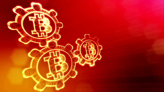 Sign-of-bitcoin-and-gears.-Financial-background-made-of-glow-particles-as-vitrtual-hologram.-Shiny-3D-loop-animation-with-depth-of-field,-bokeh-and-copy-space.-Red-color-v2
