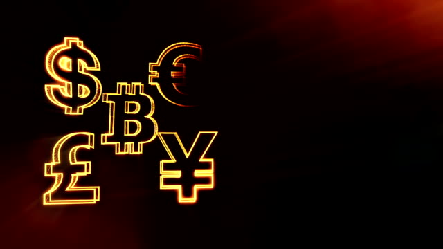 Symbol-Bitcoin-Dollar-Euro-Pfund-und-Yen.-Finanzieller-Hintergrund-aus-Glühen-Teilchen-als-Vitrtual-Hologramm.-Nahtlose-3D-Animation-mit-Tiefe-des-Feldes,-Bokeh-und-Kopie-Raum.-Dunklen-Hintergrund-v2