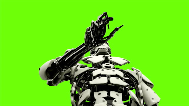 Robot-android-is-presses-the-button.-Realistic-looped-motion-on-green-screen-background.-4K