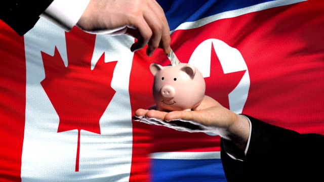 Kanada-Investitionen-in-Nordkorea-Hand,-Geld-im-Sparschwein-Flagge-Hintergrund