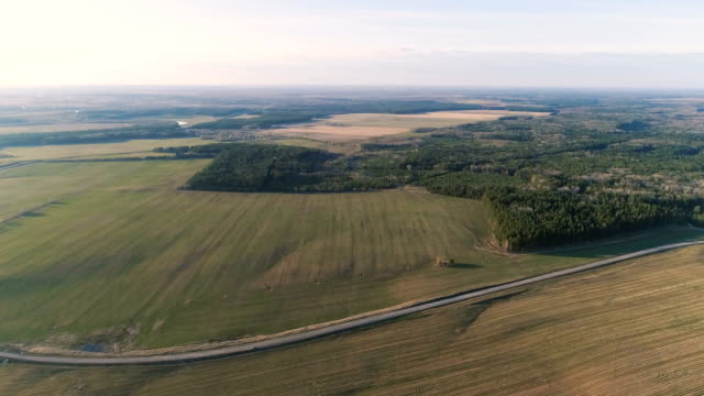 Flight-above-countryside-green-fields,-forest,-and-village-early-spring,-aerial-panoramic-view.