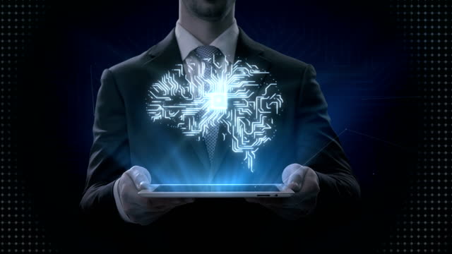 Businessman-lifting-tablet,-CPU-chip-connect-digital-brain,-grow-artificial-intelligence,-IoT,-4k-movie.