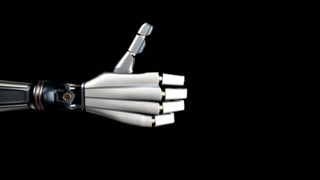 Robotic-hand-giving-thumb-up.-Futuristic-cyborg,-metal-shines,-black-background,-60-fps-animation.