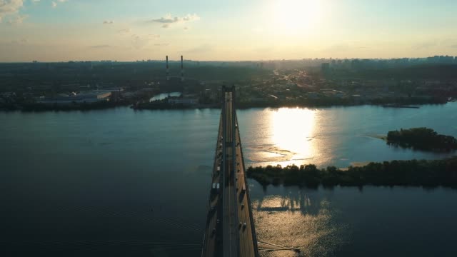 Aerial-drone-footage.-Fly-over-south-bridge-in-kyiv.-Symmetry-shot
