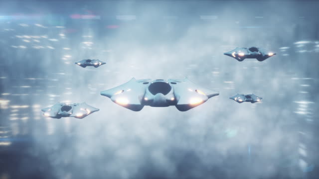 Futuristic-3d-scene,-the-flight-of-aircraft-on-the-tech-city-in-the-fog