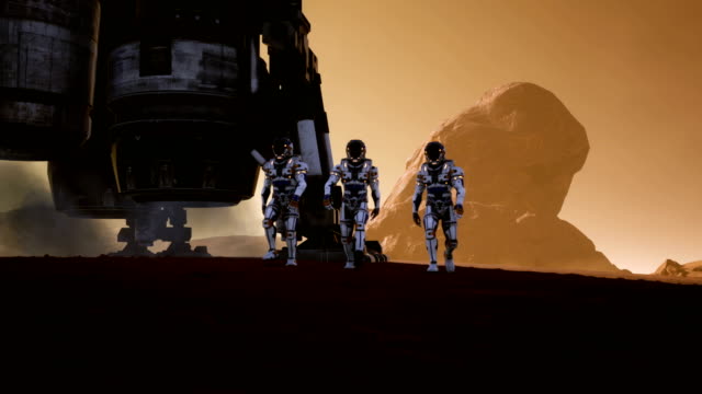 Astronauten-laufen-auf-der-Oberfläche-des-Mars-nach-der-Landung-in-einer-Rakete.-Panoramalandschaft-auf-der-Oberfläche-des-Mars.-Realistische-filmische-Animation.