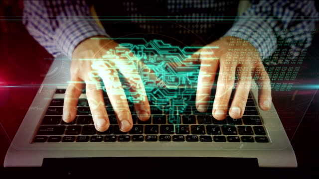 Man-writing-on-laptop-keyboard-with-cybernetic-brain