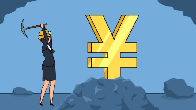 Flat-cartoon-businesswoman-miner-character-working-with-pickaxe-business-yen-concept-animation