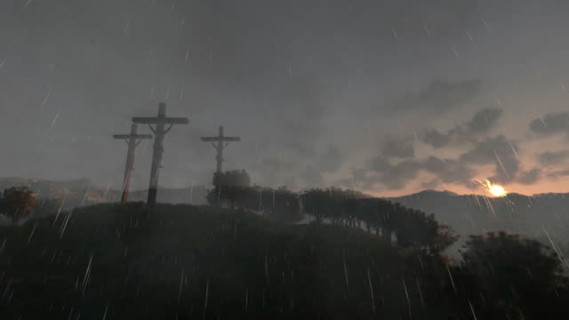Jesus-on-cross,-timelapse-sunrise,-raining,-paning