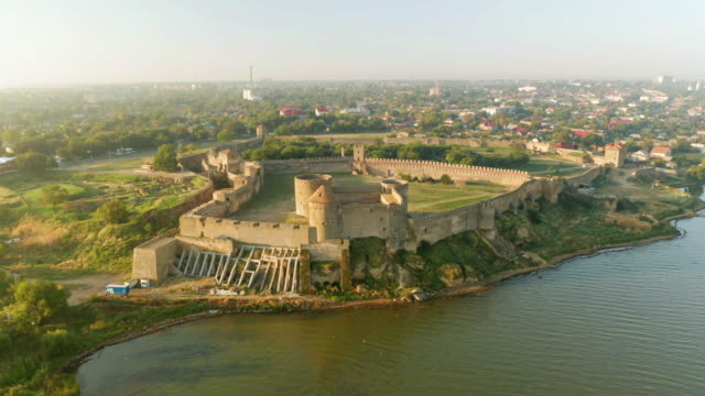 Aerial-view-of-the-Old-fortress-in-Belgorod-Dniester-at-Sunrise,-Ukraine