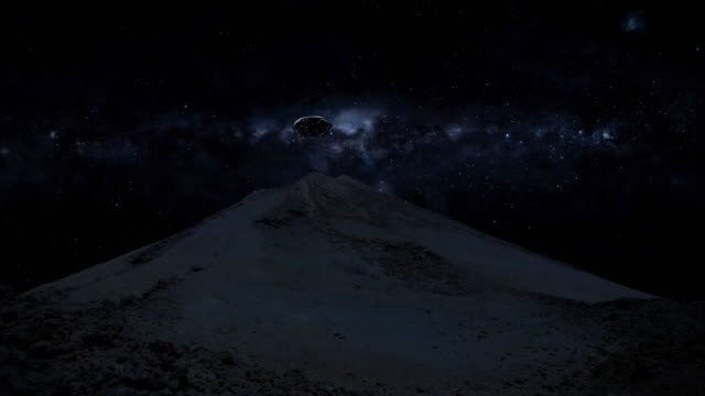 A-UFO-rising-up-from-behind-a-mountain,-hovering-over-the-mountain-and-then-flying-off-into-the-night